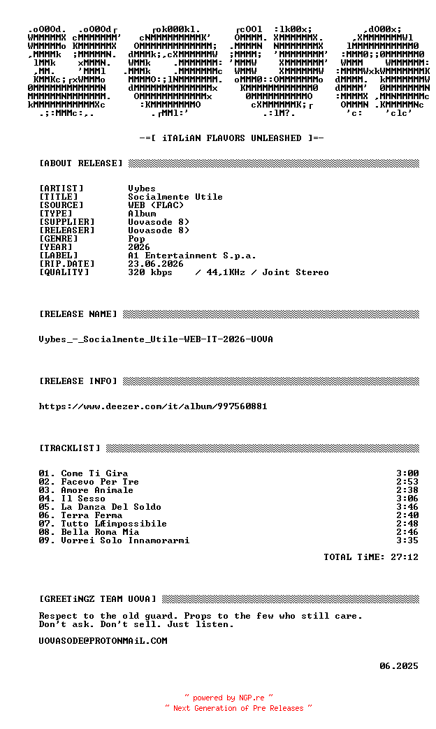 NFO for the release Vybes_-_Socialmente_Utile-WEB-IT-2026-UOVA by UOVA