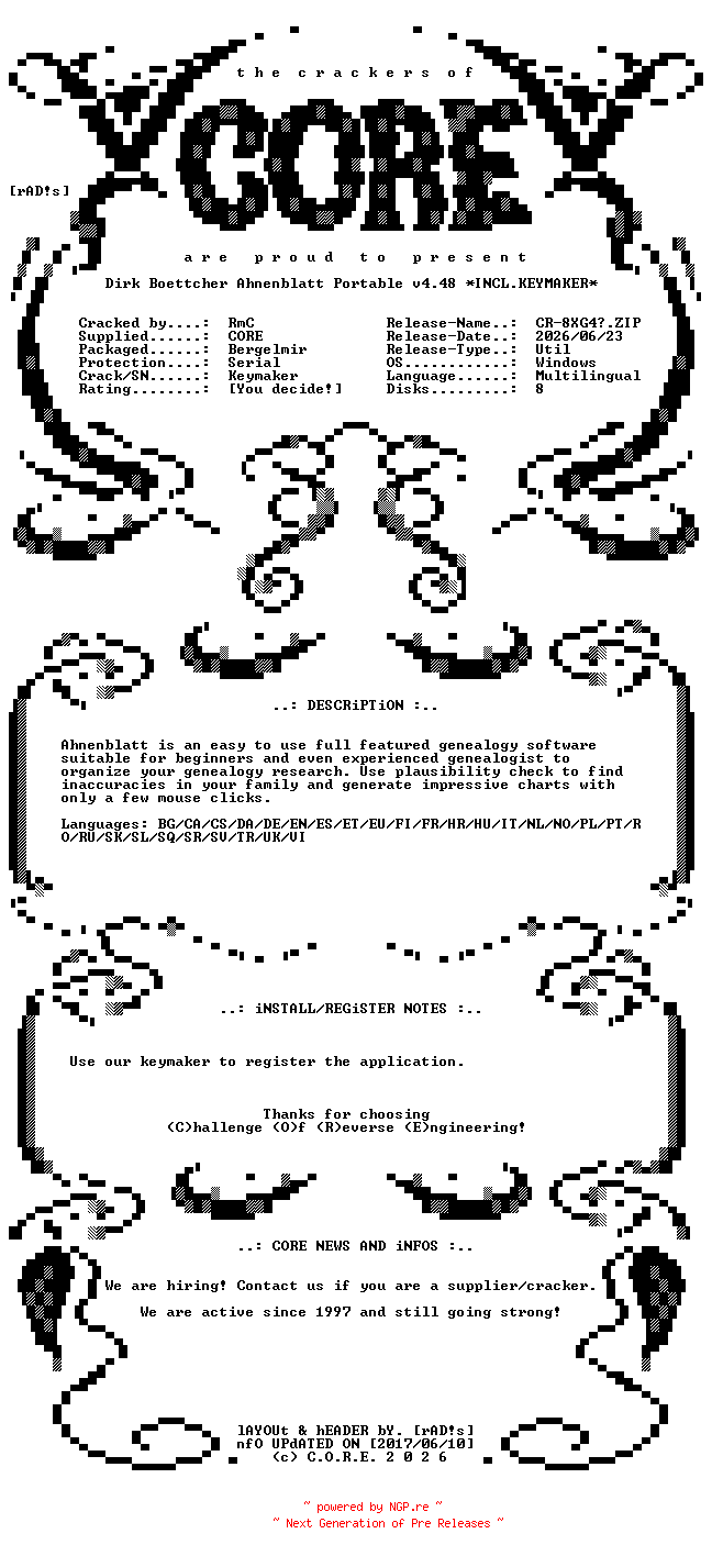 NFO for the release Dirk.Boettcher.Ahnenblatt.Portable.v4.48.Multilingual.Incl.Keymaker-CORE by CORE