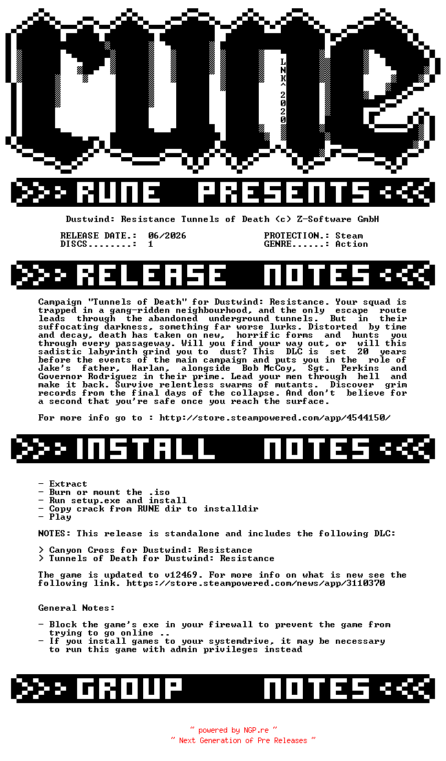 NFO for the release Dustwind.Resistance.Tunnels.of.Death-RUNE by RUNE