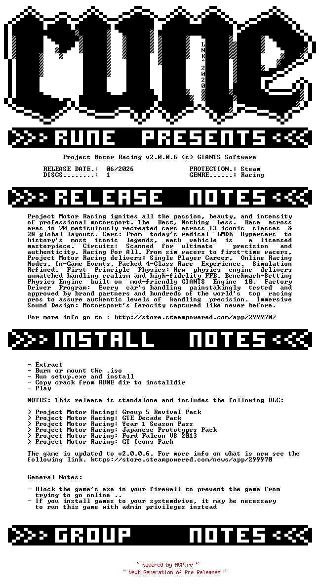 NFO for the release Project.Motor.Racing.v2.0.0.6-RUNE by RUNE