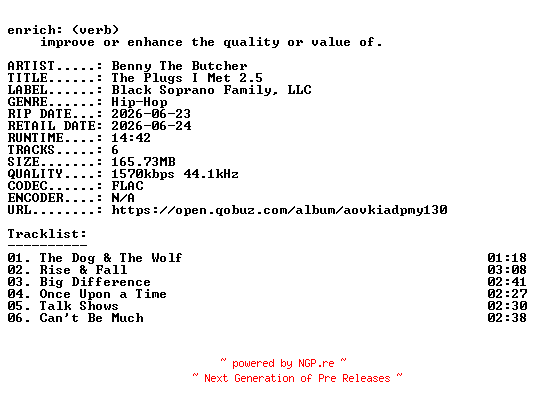 NFO for the release Benny_The_Butcher-The_Plugs_I_Met_2.5-EP-24BIT-WEB-FLAC-2026-ENRiCH by ENRiCH