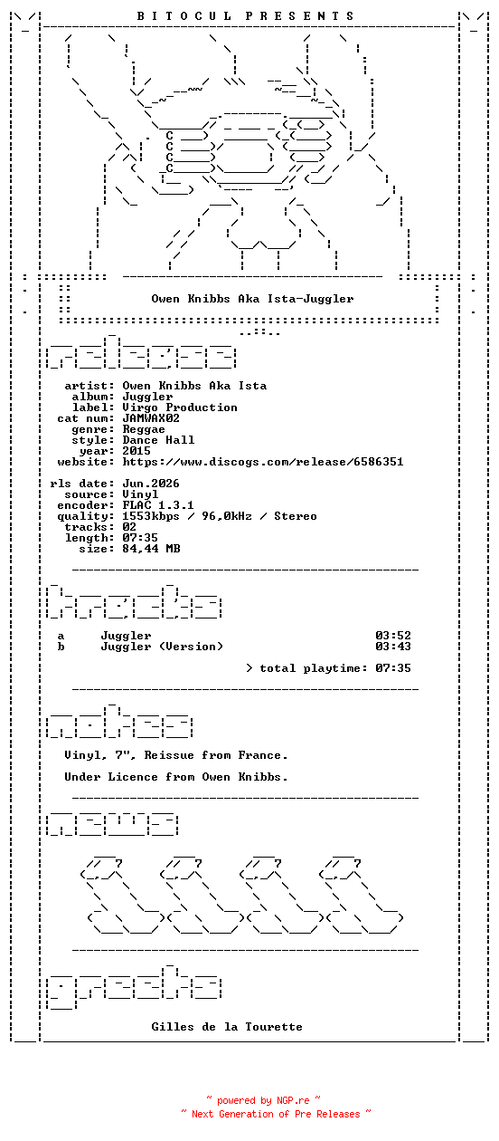 NFO for the release Owen_Knibbs_Aka_Ista-Juggler-(JAMWAX02)-Reissue-VLS-FLAC-2015-BITOCUL by BITOCUL