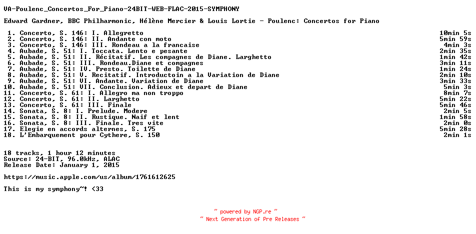 NFO for the release VA-Poulenc_Concertos_For_Piano-24BIT-WEB-FLAC-2015-SYMPHONY by SYMPHONY