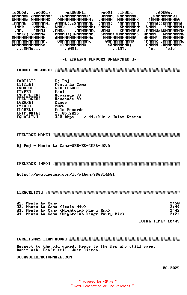 NFO for the release Dj_Pmj_-_Mentu_La_Cama-WEB-ES-2026-UOVA by UOVA