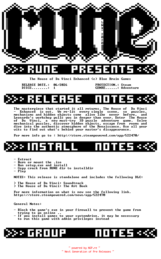 NFO for the release The.House.of.Da.Vinci.Enhanced-RUNE by RUNE