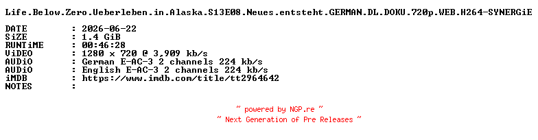 NFO for the release Life.Below.Zero.Ueberleben.in.Alaska.S13E08.Neues.entsteht.GERMAN.DL.DOKU.720p.WEB.H264-SYNERGiE by SYNERGiE