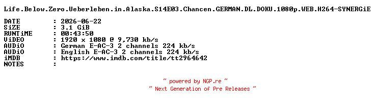 NFO for the release Life.Below.Zero.Ueberleben.in.Alaska.S14E03.Chancen.GERMAN.DL.DOKU.1080p.WEB.H264-SYNERGiE by SYNERGiE