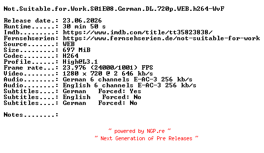 NFO for the release Not.Suitable.for.Work.S01E08.German.DL.720p.WEB.h264-WvF by WvF