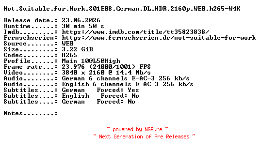 NFO for the release Not.Suitable.for.Work.S01E08.German.DL.HDR.2160p.WEB.h265-W4K by W4K