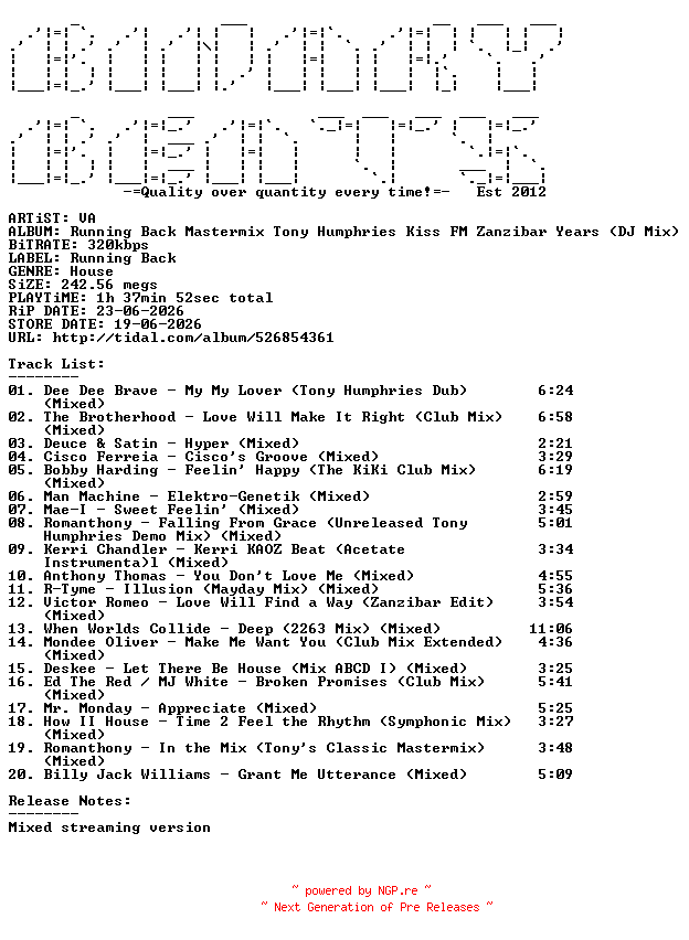 NFO for the release VA-Running_Back_Mastermix_Tony_Humphries_Kiss_FM_Zanzibar_Years_(DJ_Mix)-(RBTHKISS)-WEB-2026-BB by BB