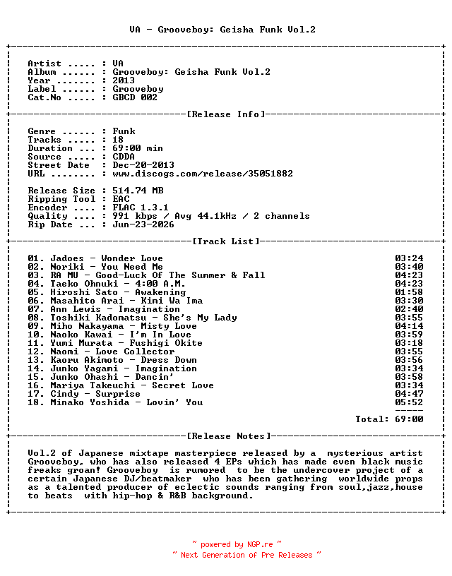 NFO for the release VA-Grooveboy-Geisha_Funk_Vol.2-(GBCD002)-JP-CD-FLAC-2013-LEB by LEB