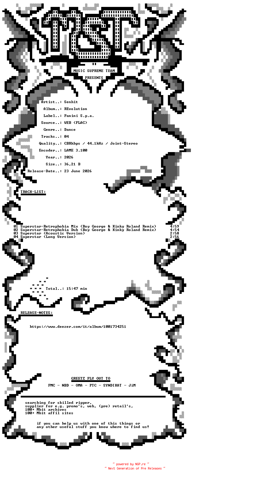NFO for the release Senhit_-_REvolution-EP-WEB-2026-MST by MST