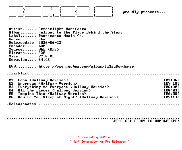 NFO for the release Streetlight_Manifesto-Halfway_to_the_Place_Behind_the_Stars-(WEB)-2026-RUMBLE by RUMBLE