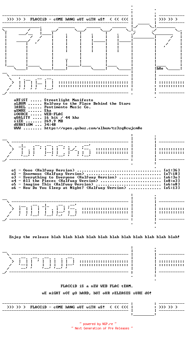 NFO for the release Streetlight_Manifesto-Halfway_to_the_Place_Behind_the_Stars-16BIT-WEB-FLAC-2026-FLACCiD by FLACCiD