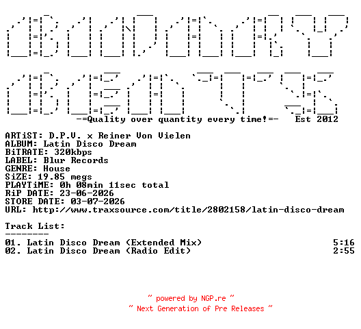 NFO for the release D.P.V._x_Reiner_Von_Vielen-Latin_Disco_Dream-(BLUR375)-WEB-2026-BB by BB
