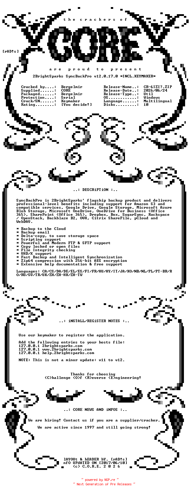 NFO for the release 2BrightSparks.SyncBackPro.v12.0.17.0.Multilingual.Incl.Keymaker-CORE by CORE