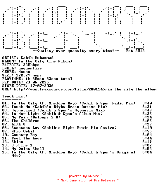 NFO for the release Sahib_Muhammad-In_The_City_(The_Album)-(UNQTZLP011)-WEB-2026-BB by BB