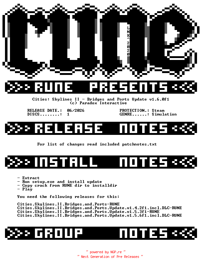 NFO for the release Cities.Skylines.II.Bridges.and.Ports.Update.v1.6.0f1-RUNE by RUNE