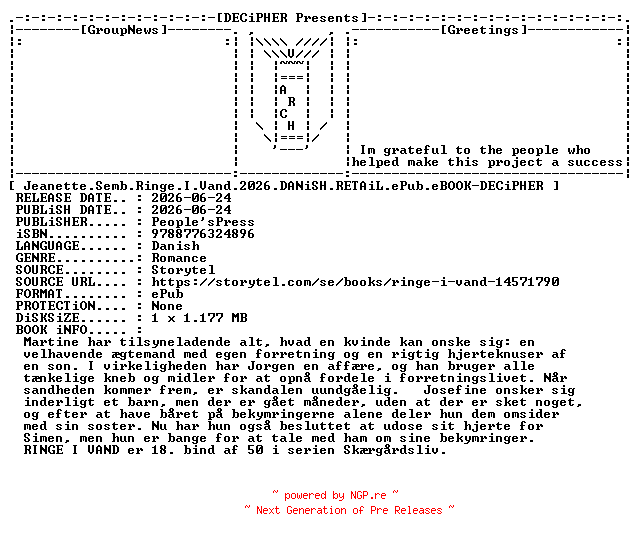 NFO for the release Jeanette.Semb.Ringe.I.Vand.2026.DANiSH.RETAiL.ePub.eBOOK-DECiPHER by DECiPHER