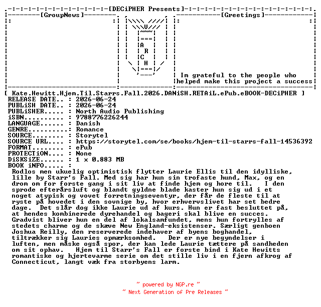 NFO for the release Kate.Hewitt.Hjem.Til.Starrs.Fall.2026.DANiSH.RETAiL.ePub.eBOOK-DECiPHER by DECiPHER