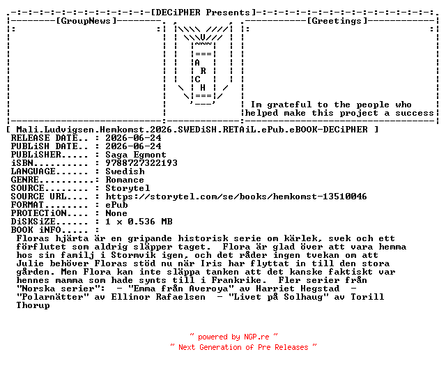 NFO for the release Mali.Ludvigsen.Hemkomst.2026.SWEDiSH.RETAiL.ePub.eBOOK-DECiPHER by DECiPHER