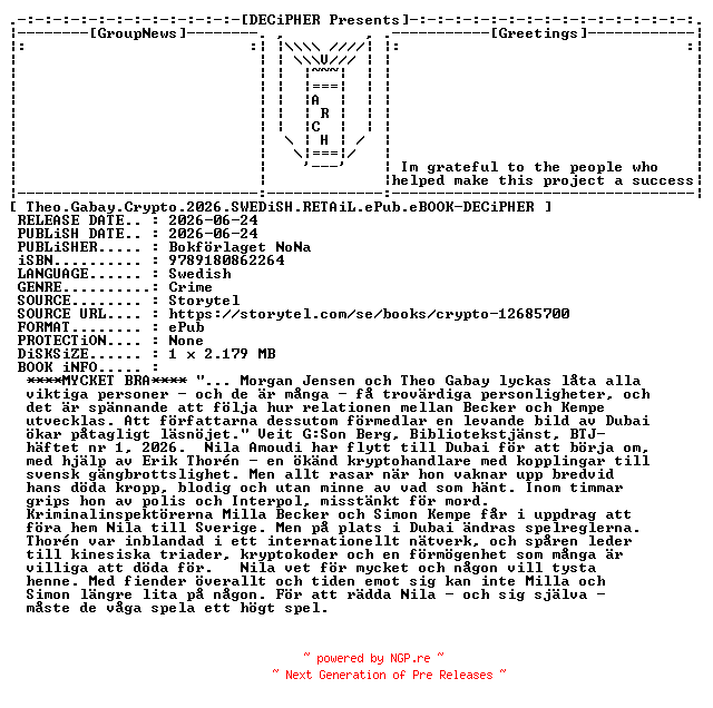 NFO for the release Theo.Gabay.Crypto.2026.SWEDiSH.RETAiL.ePub.eBOOK-DECiPHER by DECiPHER