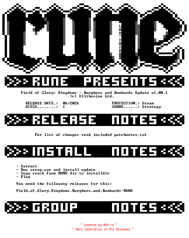NFO for the release Field.of.Glory.Kingdoms.Burghers.and.Bombards.Update.v1.08.1-RUNE by RUNE
