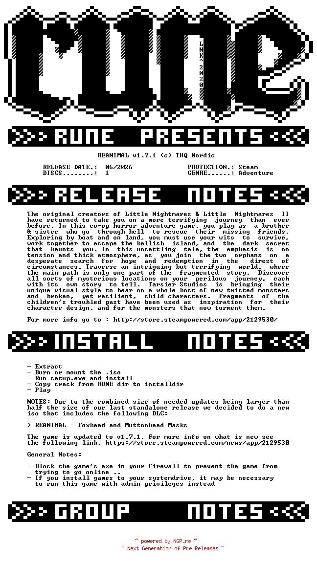 NFO for the release REANIMAL.v1.7.1-RUNE by RUNE
