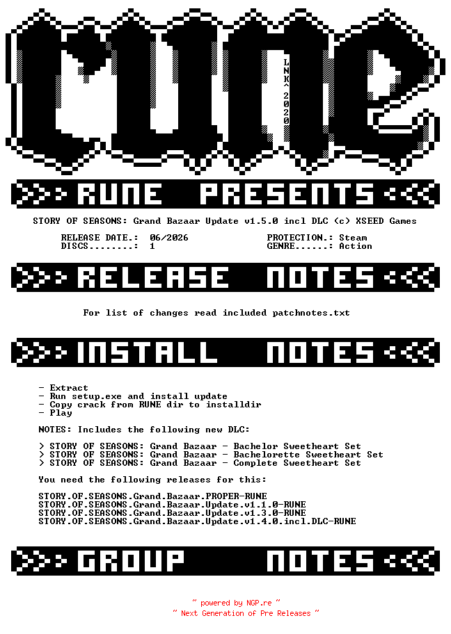 NFO for the release STORY.OF.SEASONS.Grand.Bazaar.Update.v1.5.0.incl.DLC-RUNE by RUNE
