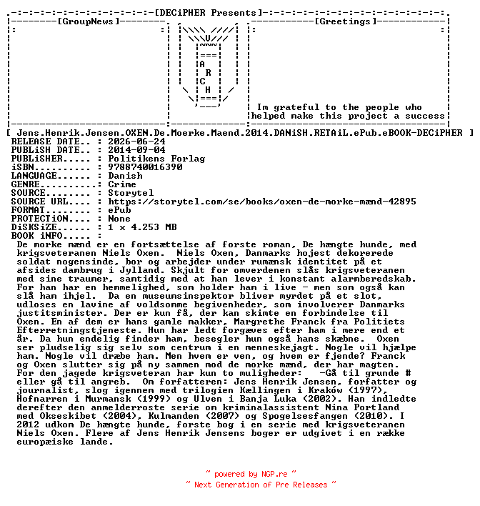 NFO for the release Jens.Henrik.Jensen.Oxen.De.Moerke.Maend.2014.DANiSH.RETAiL.ePub.eBOOK-DECiPHER by DECiPHER