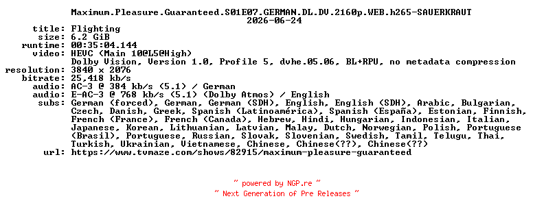 NFO for the release Maximum.Pleasure.Guaranteed.S01E07.GERMAN.DL.DV.2160p.WEB.h265-SAUERKRAUT by SAUERKRAUT