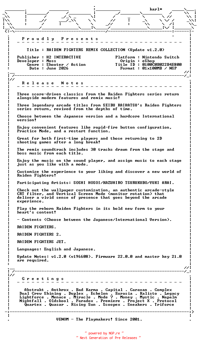 NFO for the release RAIDEN_FIGHTERS_REMIX_COLLECTION_Update_v1.2.0_NSW-VENOM by VENOM