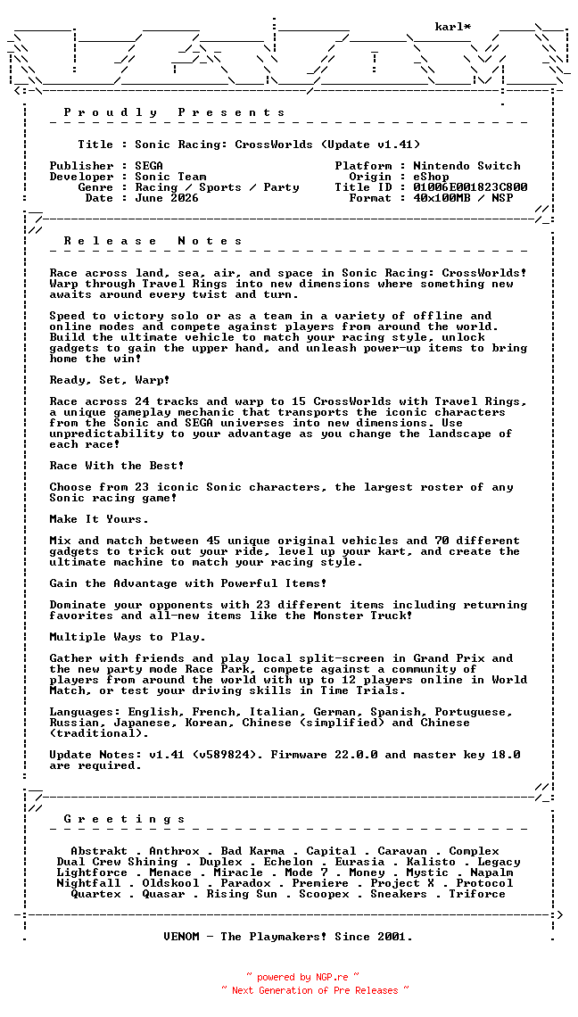 NFO for the release Sonic_Racing_CrossWorlds_Update_v1.41_NSW-VENOM by VENOM