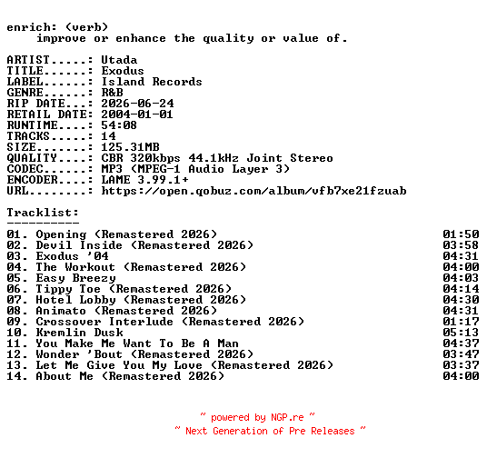 NFO for the release Utada-Exodus-REMASTERED-WEB-2026-ENRiCH by ENRiCH