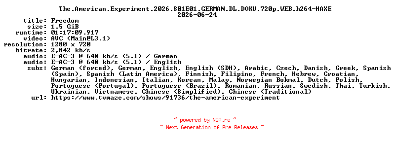 NFO for the release The.American.Experiment.2026.S01E01.GERMAN.DL.DOKU.720p.WEB.h264-HAXE by HAXE