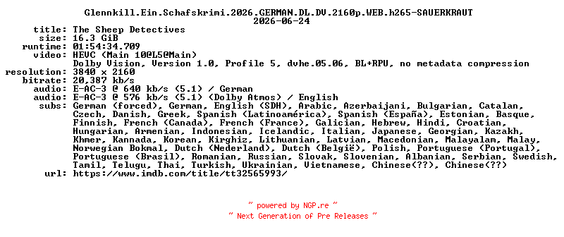 NFO for the release Glennkill.Ein.Schafskrimi.2026.GERMAN.DL.DV.2160p.WEB.h265-SAUERKRAUT by SAUERKRAUT
