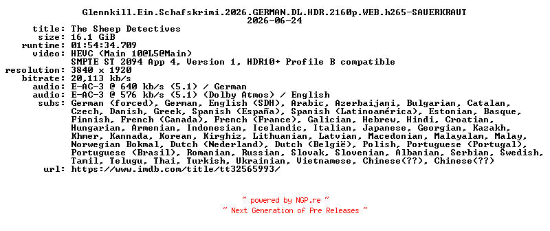 NFO for the release Glennkill.Ein.Schafskrimi.2026.GERMAN.DL.HDR.2160p.WEB.h265-SAUERKRAUT by SAUERKRAUT