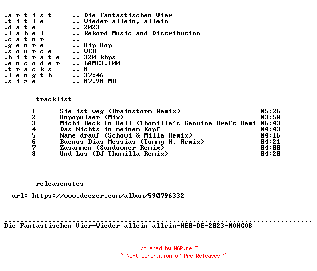NFO for the release Die_Fantastischen_Vier-Wieder_allein_allein-WEB-DE-2023-MONGOS by MONGOS