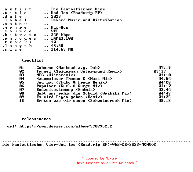 NFO for the release Die_Fantastischen_Vier-Und_los_(Roadtrip_EP)-WEB-DE-2023-MONGOS by MONGOS