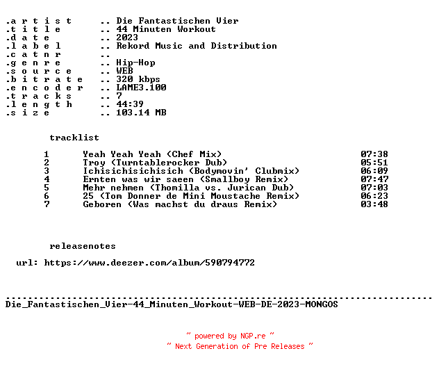 NFO for the release Die_Fantastischen_Vier-44_Minuten_Workout-WEB-DE-2023-MONGOS by MONGOS