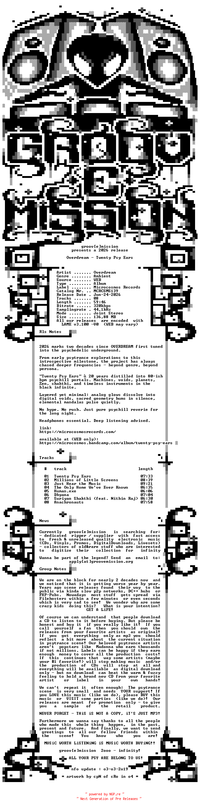 NFO for the release Overdream_-_Twenty_Psy_Ears-(MCRCSMS139)-WEB-2026-gEm_INT by gEm_INT