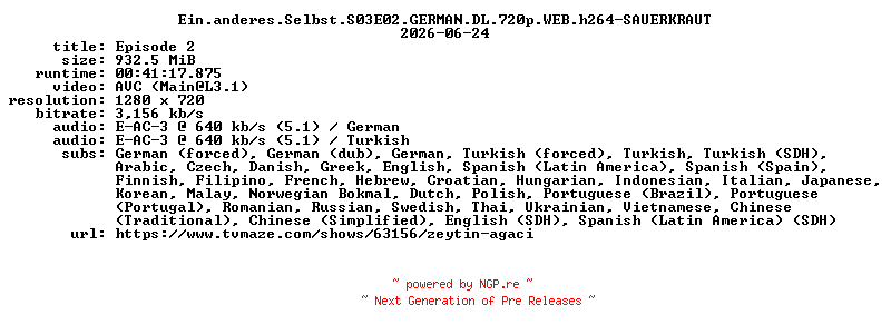 NFO for the release Ein.anderes.Selbst.S03E02.GERMAN.DL.720p.WEB.h264-SAUERKRAUT by SAUERKRAUT