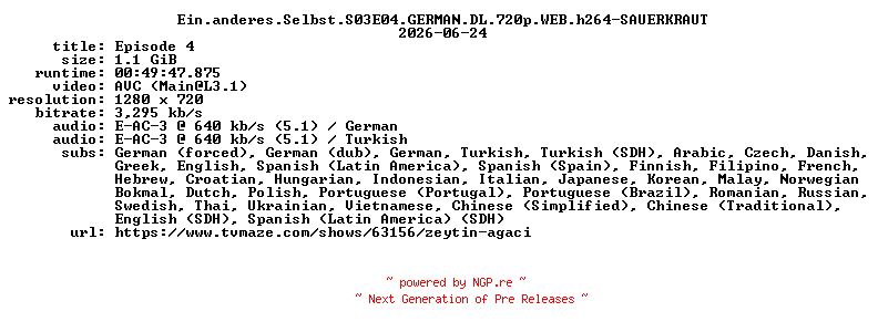 NFO for the release Ein.anderes.Selbst.S03E04.GERMAN.DL.720p.WEB.h264-SAUERKRAUT by SAUERKRAUT