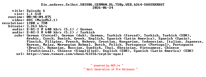 NFO for the release Ein.anderes.Selbst.S03E06.GERMAN.DL.720p.WEB.h264-SAUERKRAUT by SAUERKRAUT