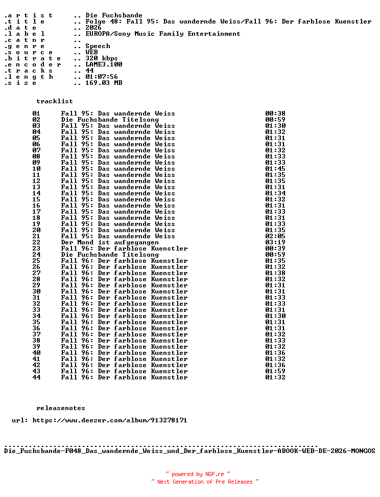 NFO for the release Die_Fuchsbande-F048_Das_wandernde_Weiss_und_Der_farblose_Kuenstler-ABOOK-WEB-DE-2026-MONGOS by MONGOS