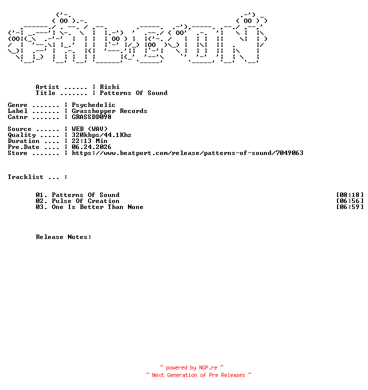 NFO for the release Rishi-Patterns_Of_Sound-(GRASSDD098)-WEB-2026-FALCON by FALCON