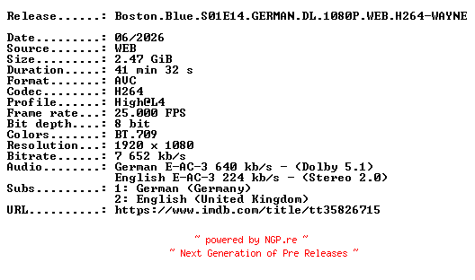 NFO for the release Boston.Blue.S01E14.GERMAN.DL.1080P.WEB.H264-WAYNE by WAYNE