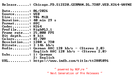NFO for the release Chicago.PD.S12E20.GERMAN.DL.720P.WEB.X264-WAYNE by WAYNE
