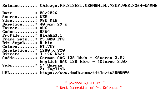 NFO for the release Chicago.PD.S12E21.GERMAN.DL.720P.WEB.X264-WAYNE by WAYNE