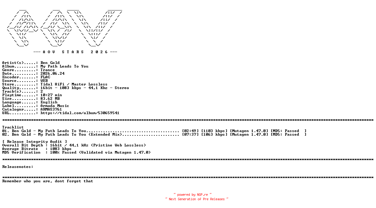 NFO for the release Ben_Gold-My_Path_Leads_To_You-(ARMAS3761)-16BIT-WEB-FLAC-2026-AOVF by AOVF